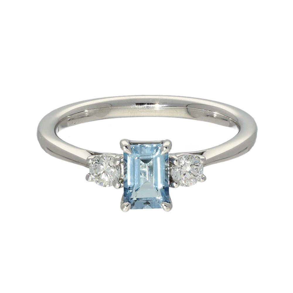 Platinum Emerald Cut Aquamarine and Diamond Trilogy Ring