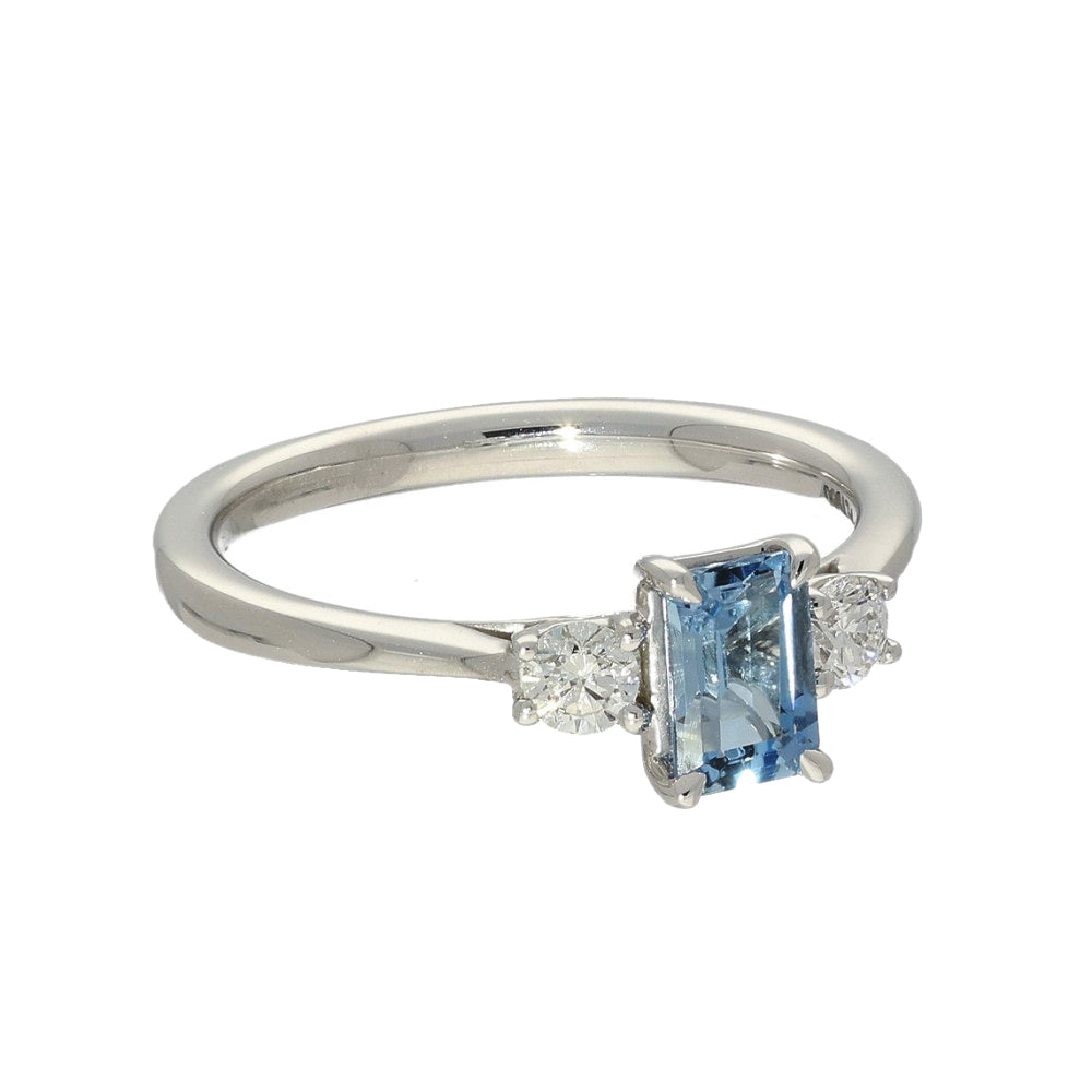 Platinum Emerald Cut Aquamarine and Diamond Trilogy Ring