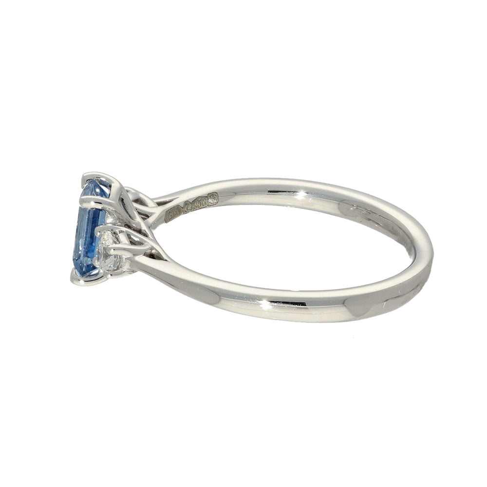Platinum Emerald Cut Aquamarine and Diamond Trilogy Ring