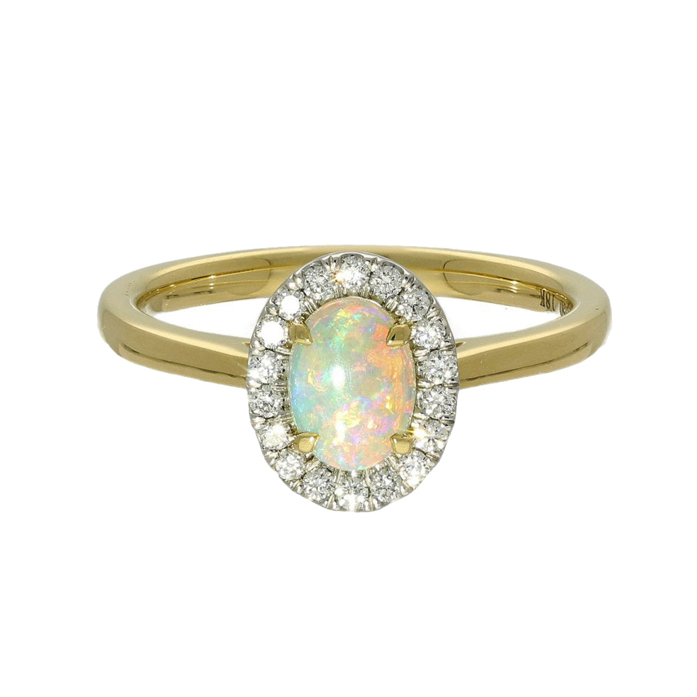 18ct Yellow Gold Opal and Diamond Oval Halo Ring
