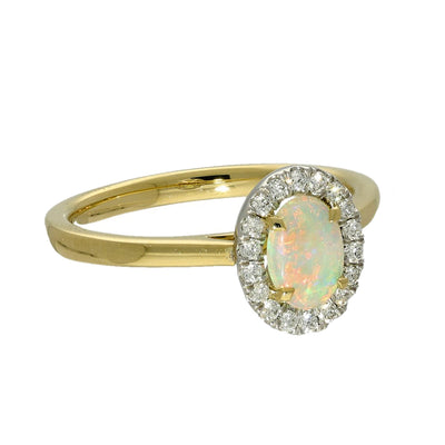 18ct Yellow Gold Opal and Diamond Oval Halo Ring
