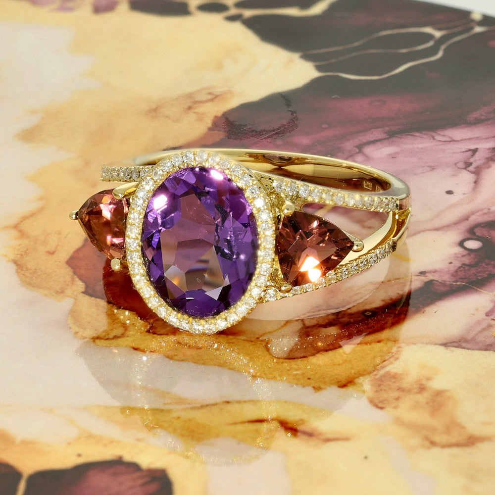 18ct Yellow Gold Amethyst, Pink Tourmaline & Diamond Cocktail Ring