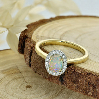 18ct Yellow Gold Opal and Diamond Oval Halo Ring