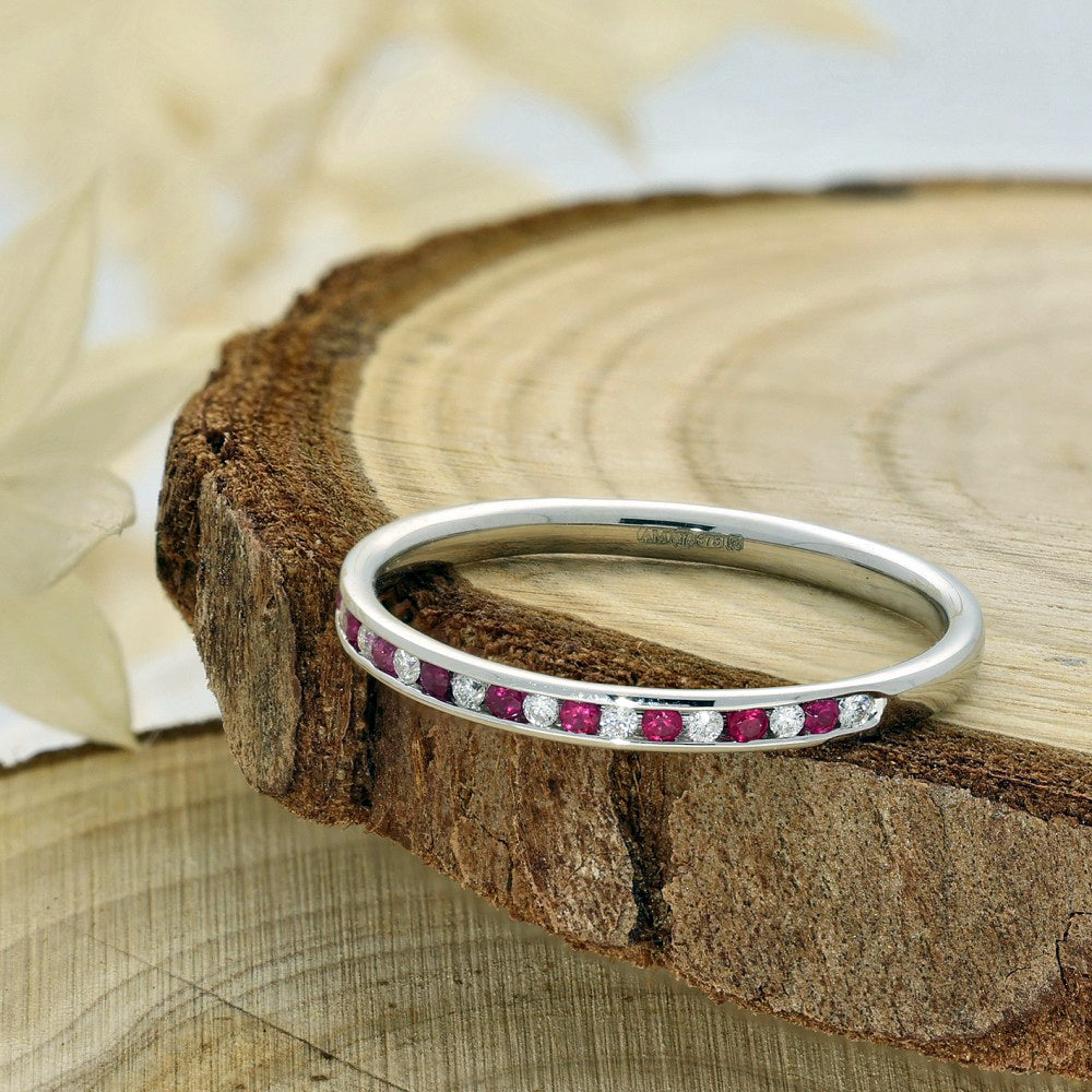9ct White Gold Slim 1.9mm Ruby & Diamond Half Eternity Ring