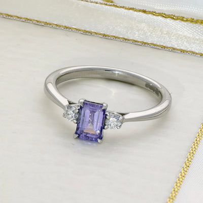 Platinum Emerald Cut Tanzanite and Diamond Trilogy Ring
