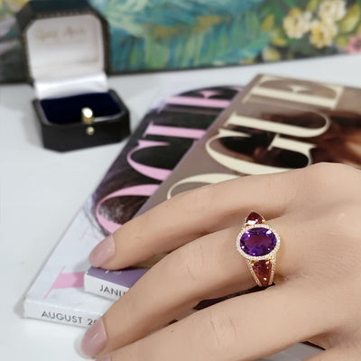 18ct Yellow Gold Amethyst, Pink Tourmaline & Diamond Cocktail Ring