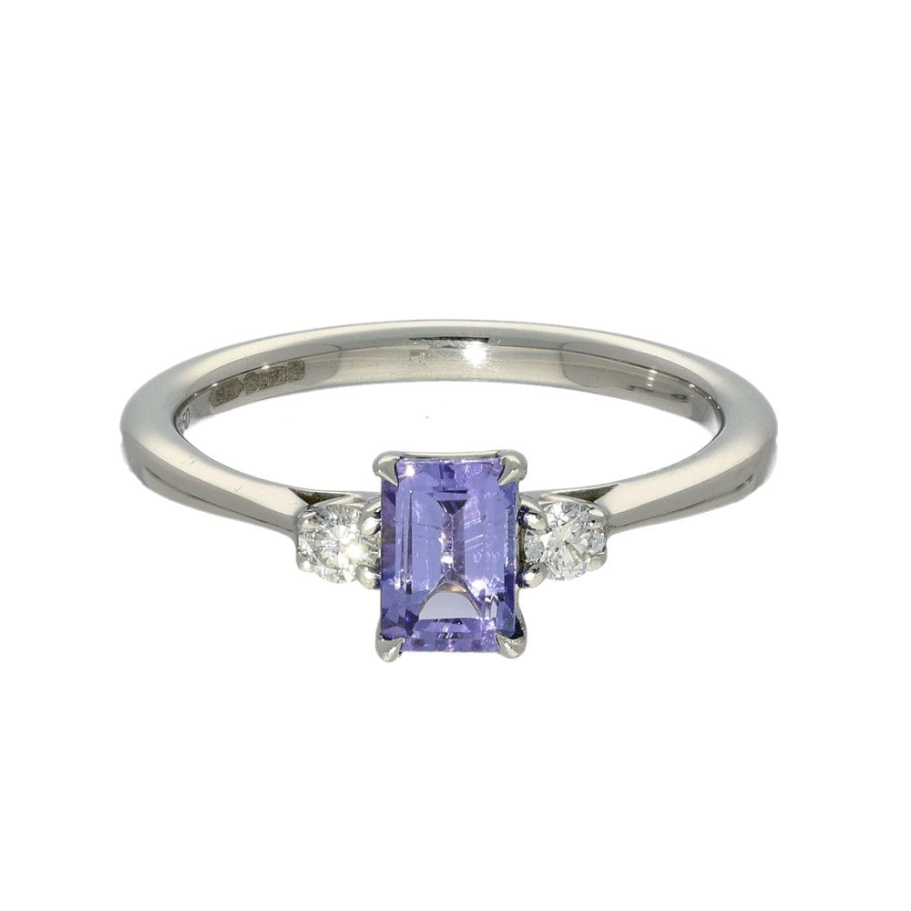 Platinum Emerald Cut Tanzanite and Diamond Trilogy Ring