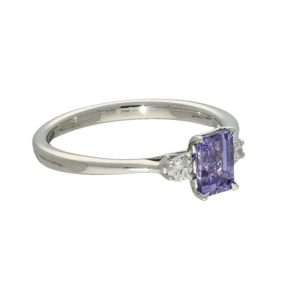 Platinum Emerald Cut Tanzanite and Diamond Trilogy Ring
