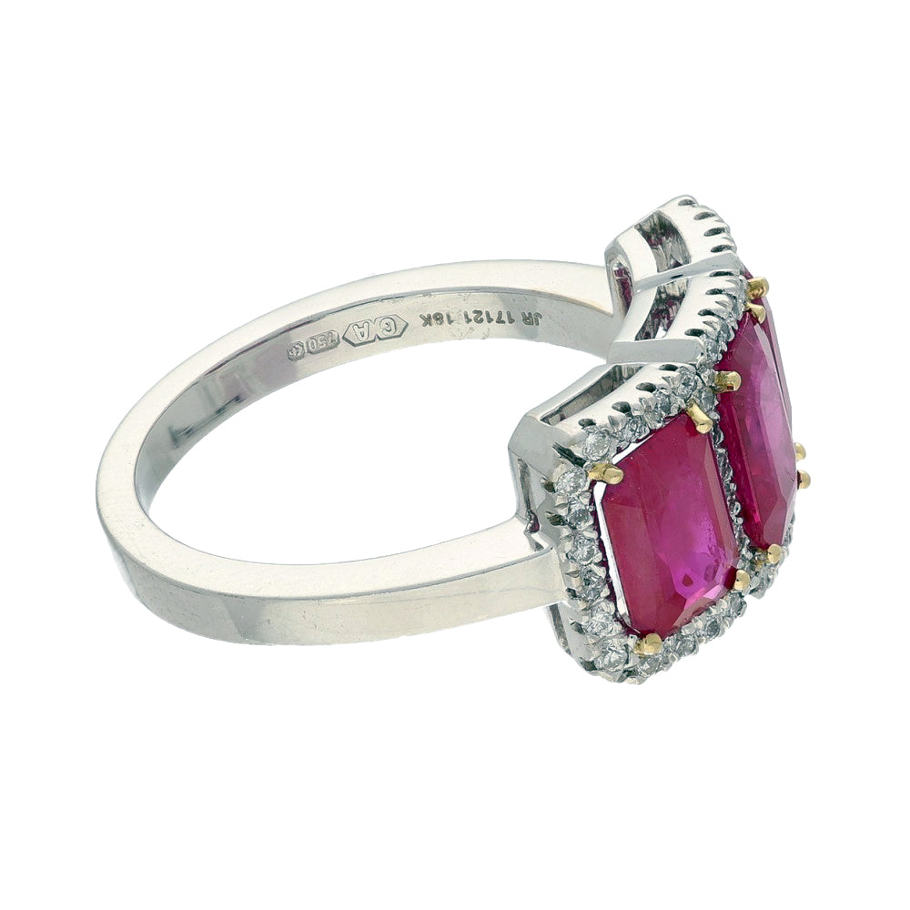 Pre-owned 18ct White Gold Ruby & Diamond Trilogy Halo Ring