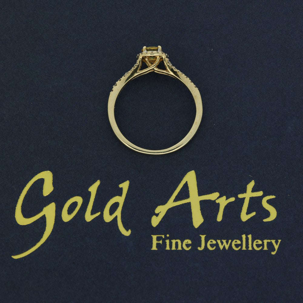 9ct Yellow Gold Yellow Sapphire Diamond Halo Shoulders Ring