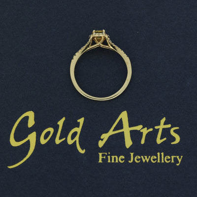 9ct Yellow Gold Yellow Sapphire Diamond Halo Shoulders Ring