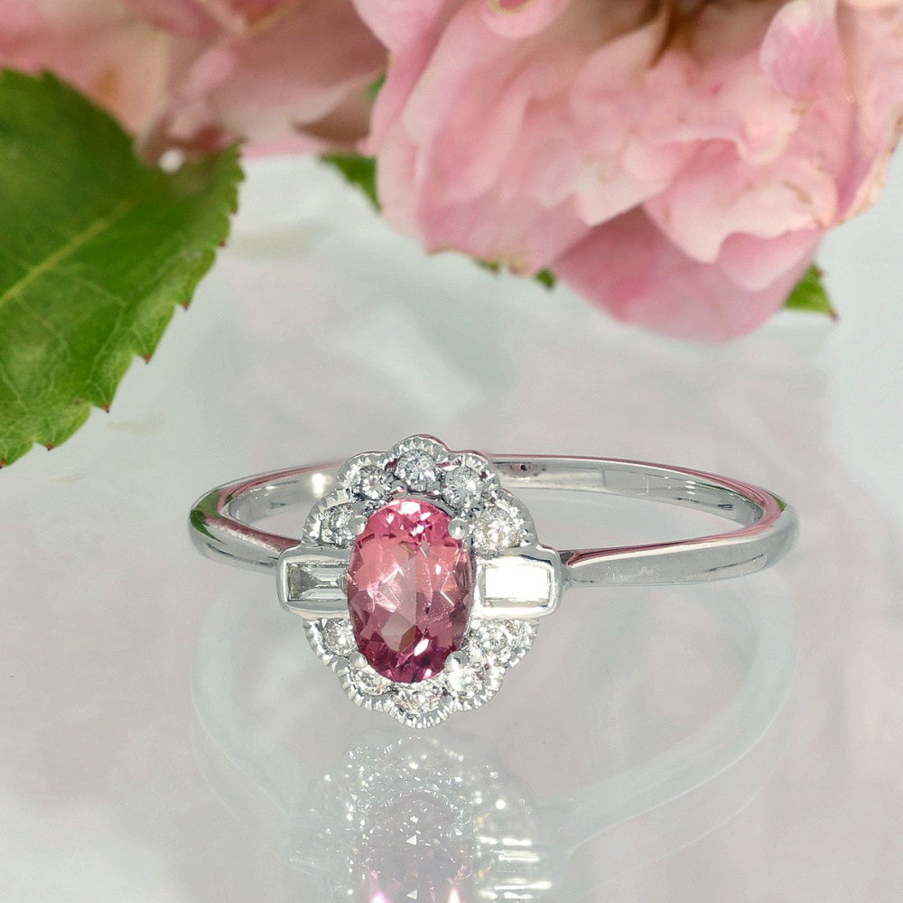 9ct White Gold Pink Tourmaline Diamond Halo Ring