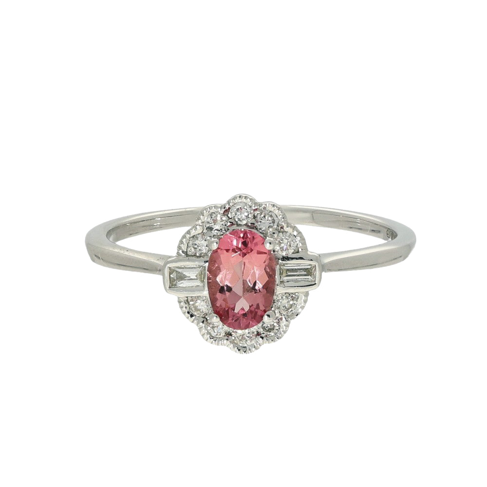9ct White Gold Pink Tourmaline Diamond Halo Ring
