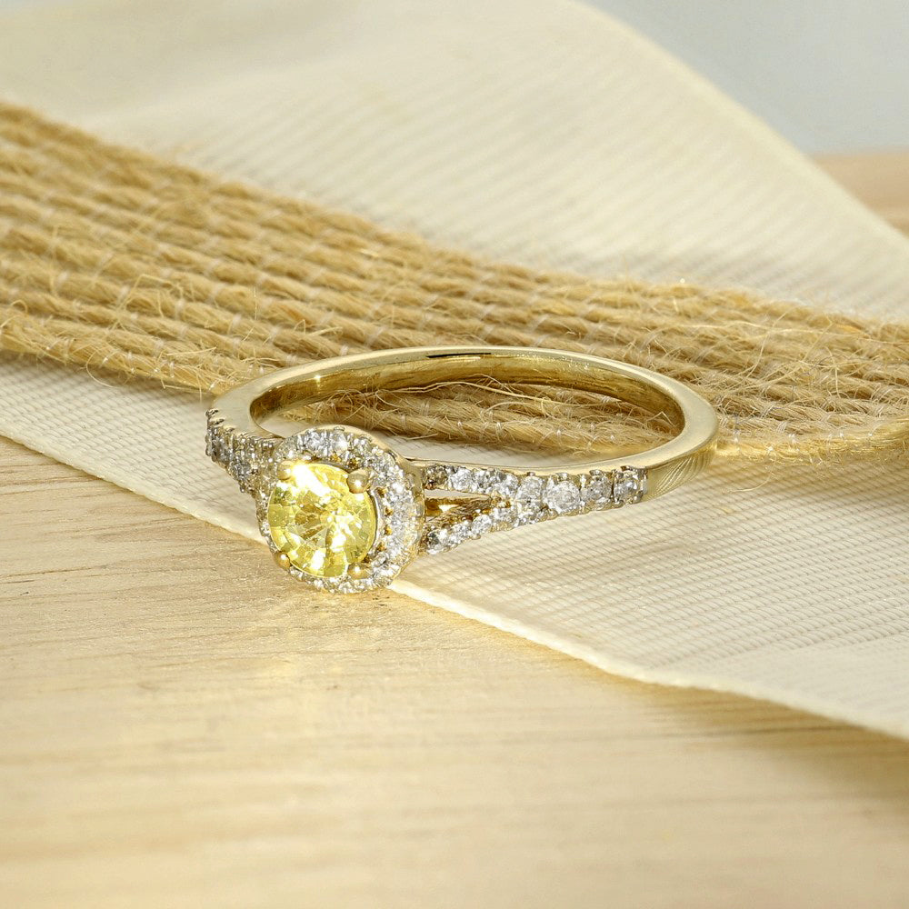 9ct Yellow Gold Yellow Sapphire Diamond Halo Shoulders Ring