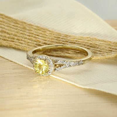9ct Yellow Gold Yellow Sapphire Diamond Halo Shoulders Ring