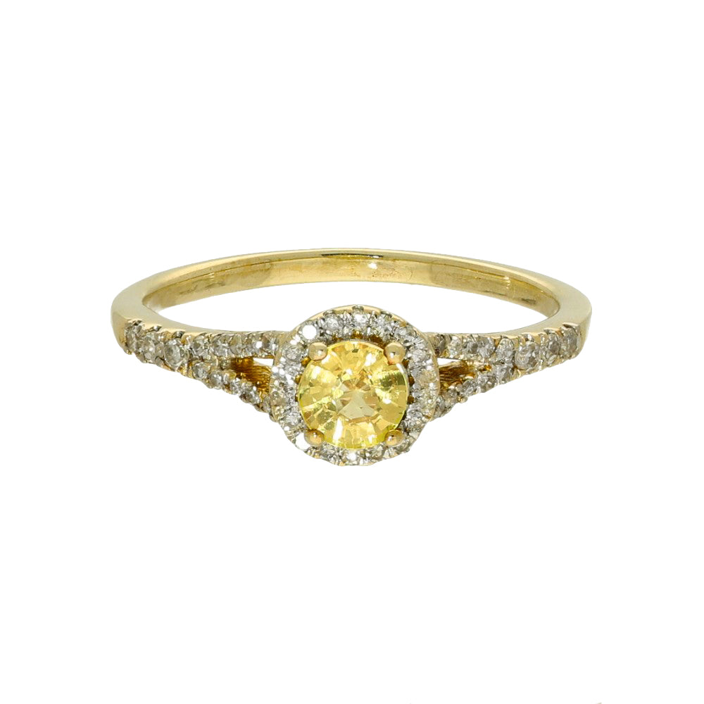 9ct Yellow Gold Yellow Sapphire Diamond Halo Shoulders Ring