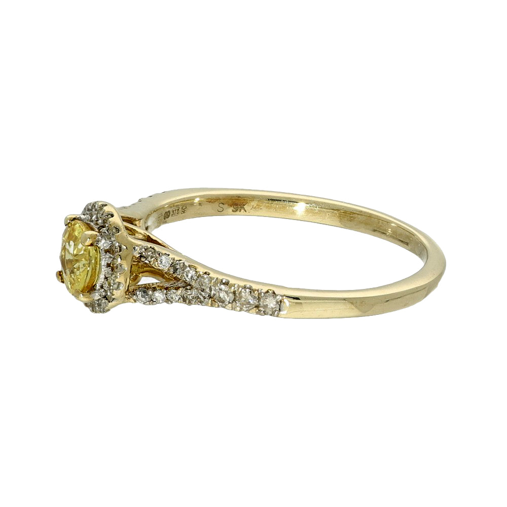 9ct Yellow Gold Yellow Sapphire Diamond Halo Shoulders Ring