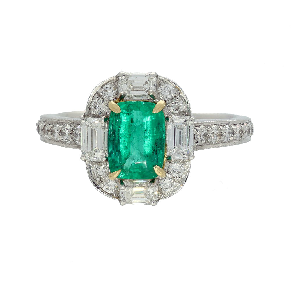 18ct White Gold Emerald Halo Cluster Ring with Diamond Set Shoulders