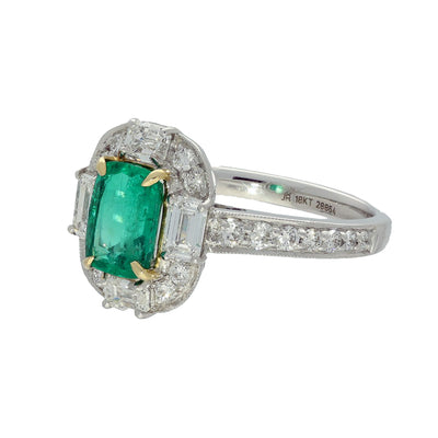 18ct White Gold Emerald Halo Cluster Ring with Diamond Set Shoulders