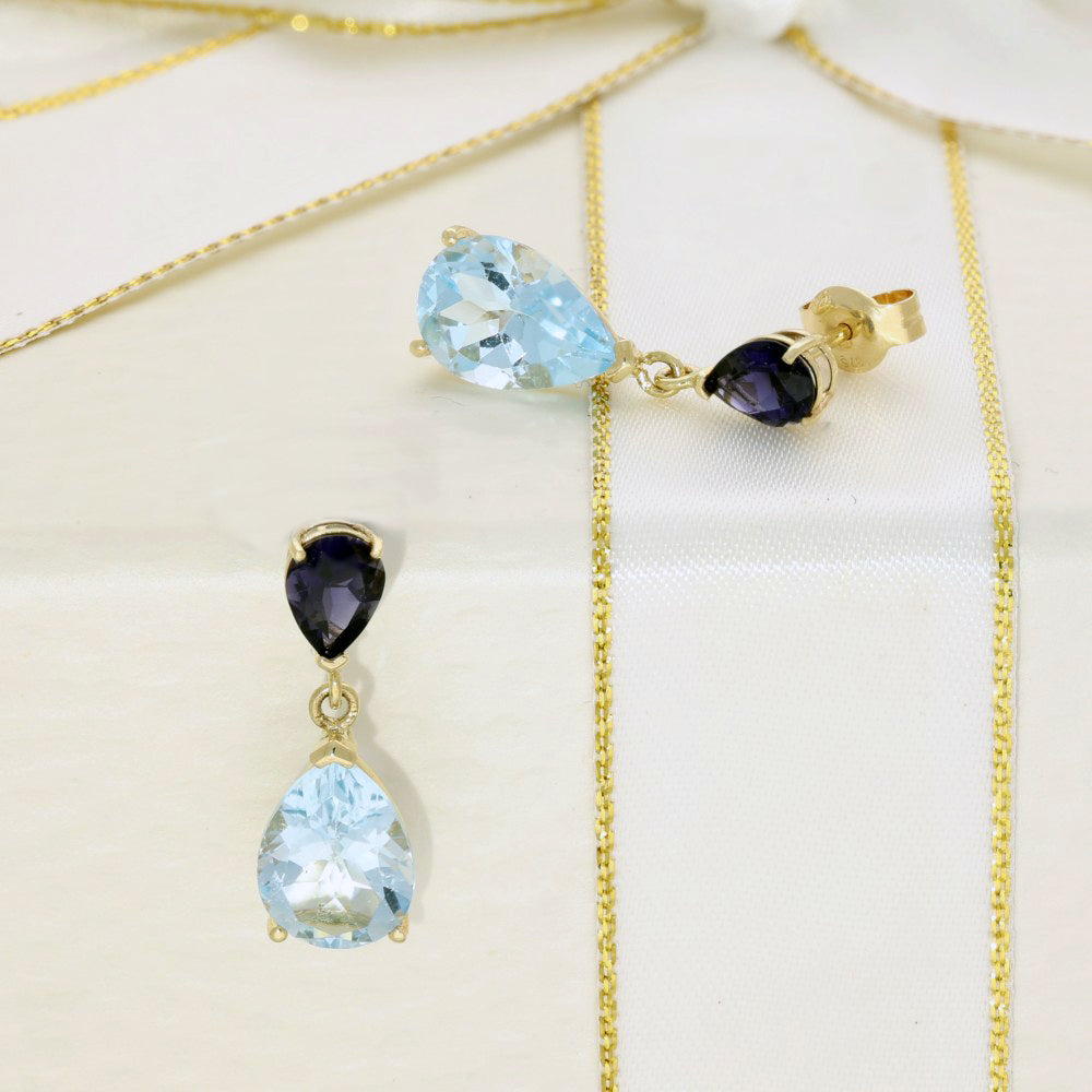 9ct Yellow Gold Iolite and Blue Topaz Teardrop Drop Earrings