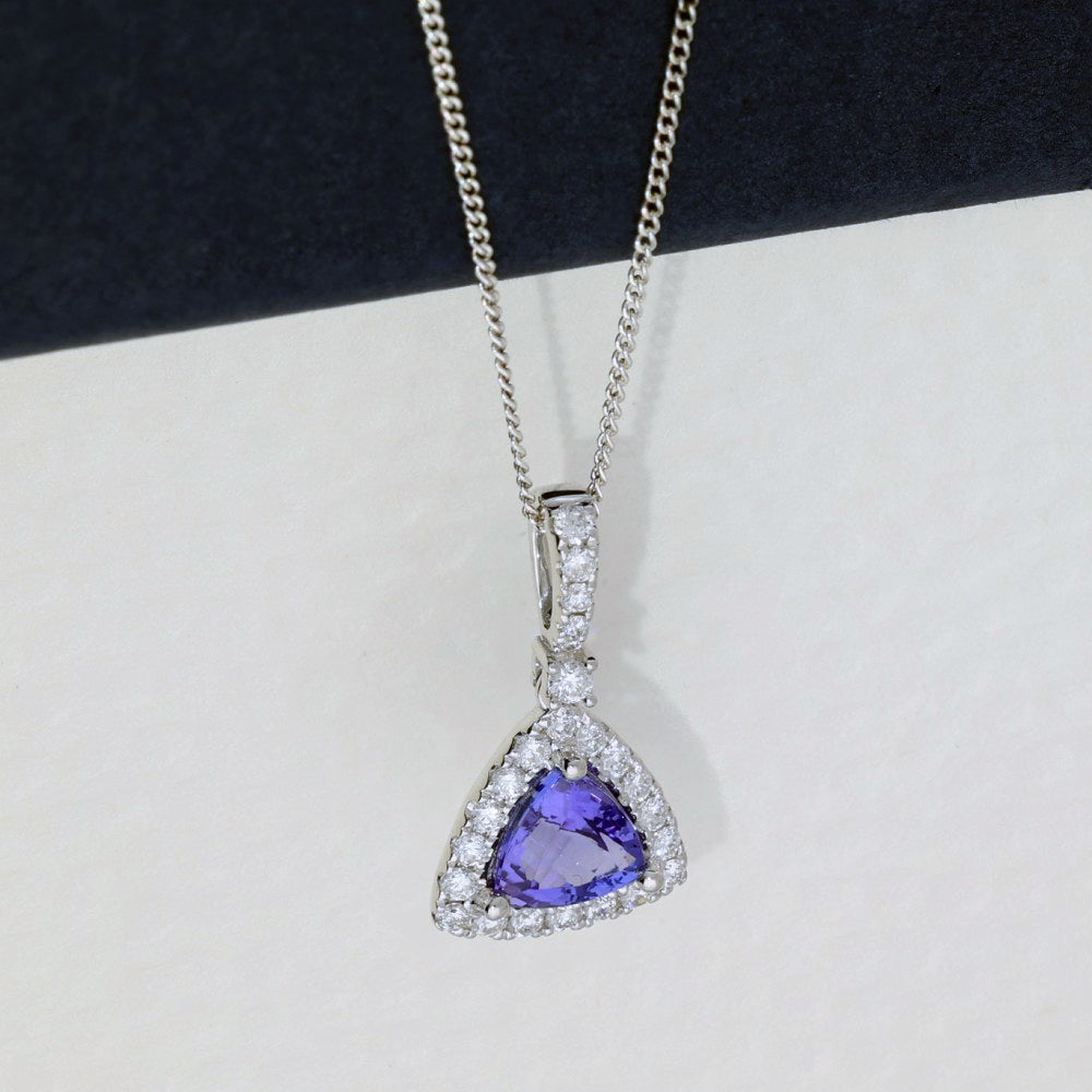 18ct White Gold Tanzanite and Diamond Triangular Pendant