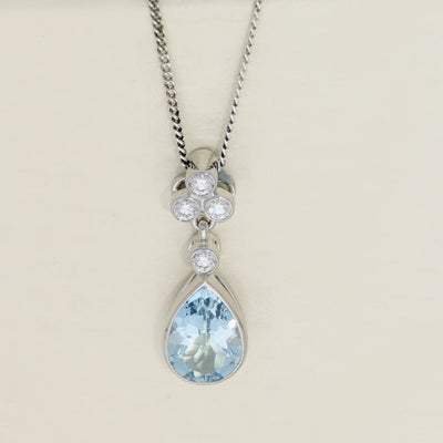 18ct White Gold Teardrop Aquamarine & Diamond Pendant
