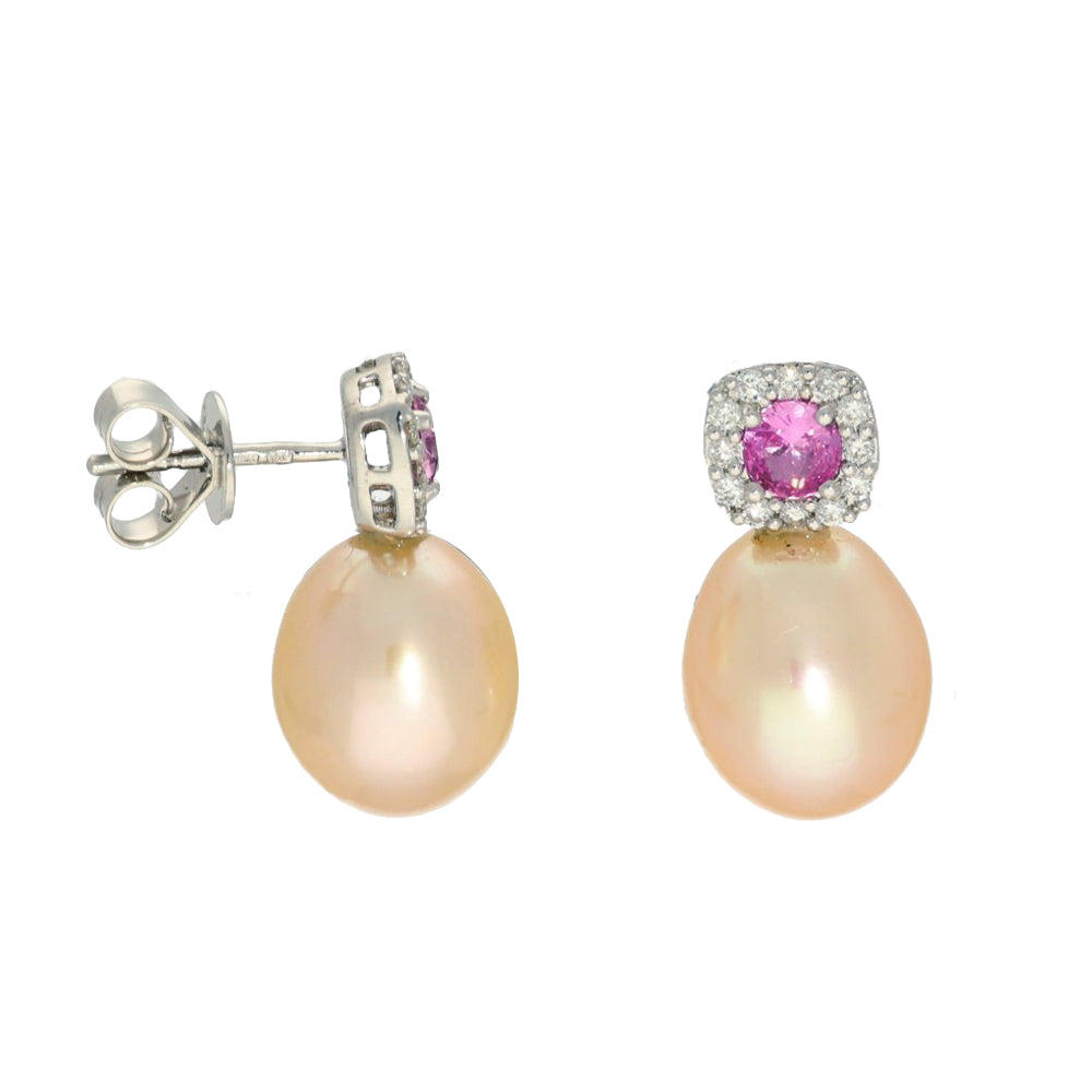18ct White Gold Pink Sapphire and Diamond Cluster Pearl Drop Earrings