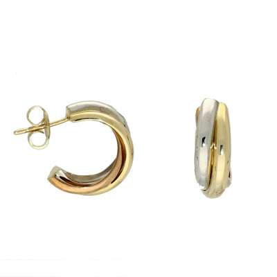 9ct Tri Gold - Yellow, Rose & White Colour Gold Half Hoop Earrings 17mm