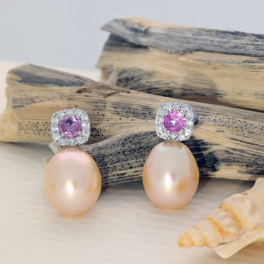 18ct White Gold Pink Sapphire and Diamond Cluster Pearl Drop Earrings
