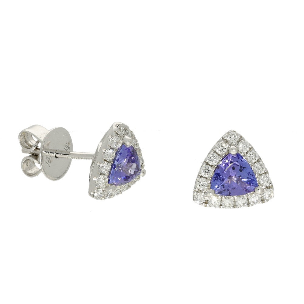 18ct White Gold Tanzanite and Diamond Triangular Halo Stud Earrings