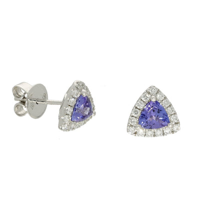 18ct White Gold Tanzanite and Diamond Triangular Halo Stud Earrings