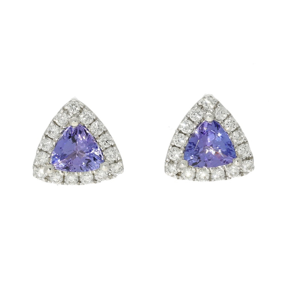 18ct White Gold Tanzanite and Diamond Triangular Halo Stud Earrings