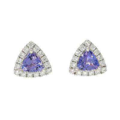 18ct White Gold Tanzanite and Diamond Triangular Halo Stud Earrings