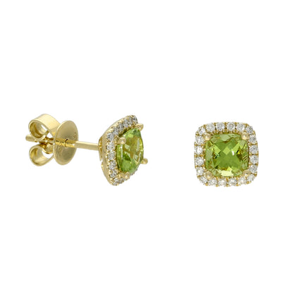 18ct Yellow Gold Cushion Peridot & Diamond Halo Cluster Studs Earrings