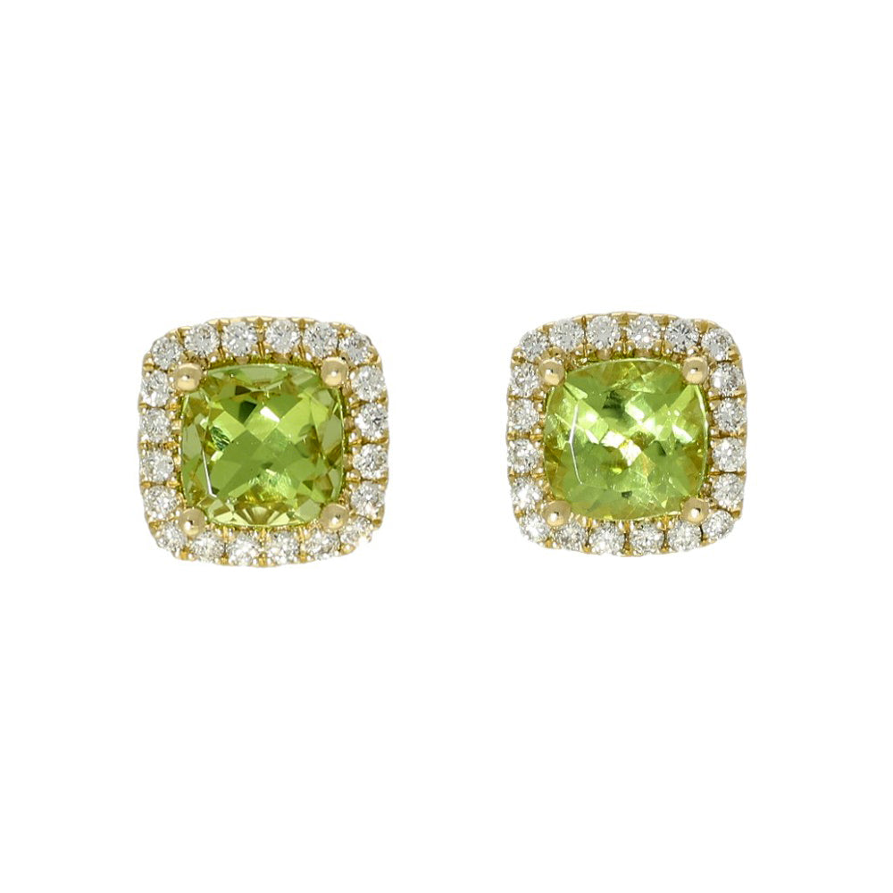 18ct Yellow Gold Cushion Peridot & Diamond Halo Cluster Studs Earrings
