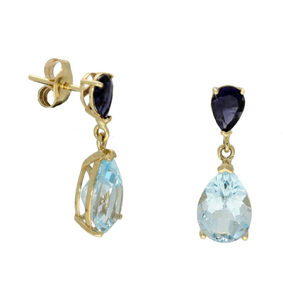 9ct Yellow Gold Iolite and Blue Topaz Teardrop Drop Earrings