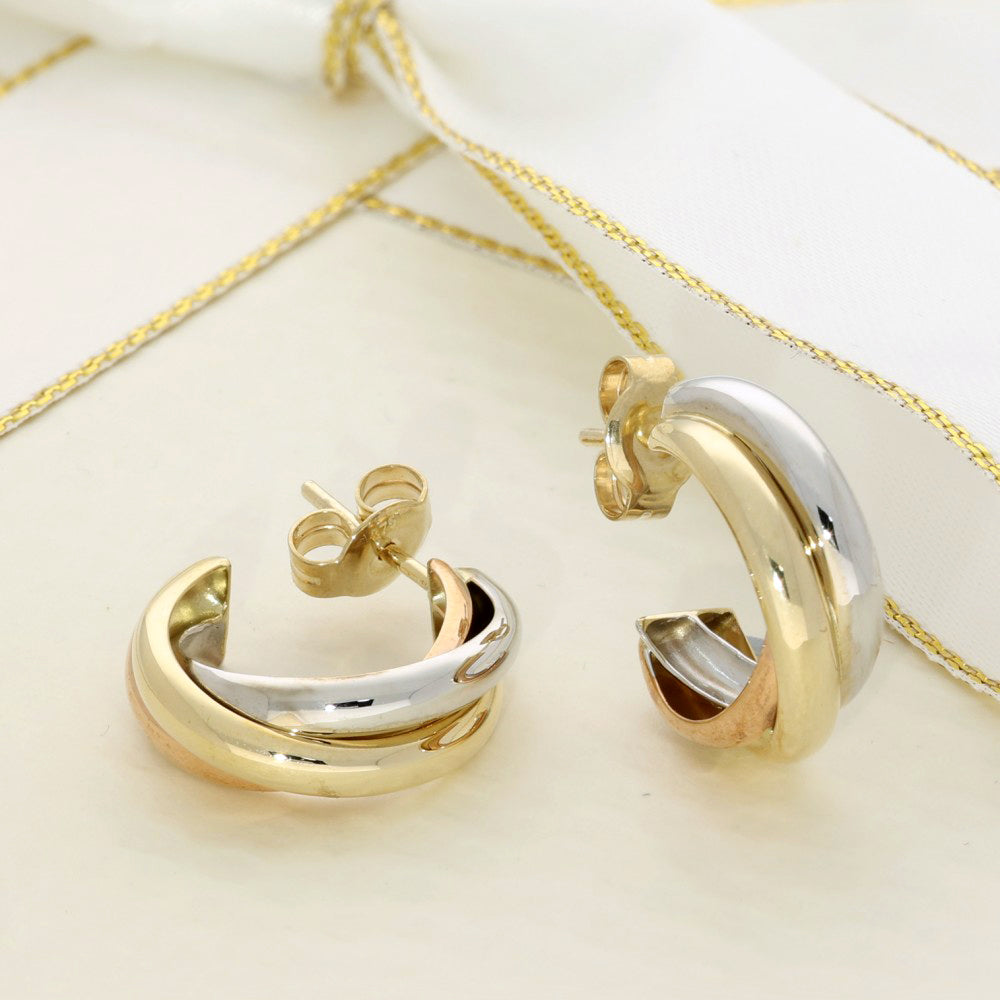 9ct Tri Gold - Yellow, Rose & White Colour Gold Half Hoop Earrings 17mm