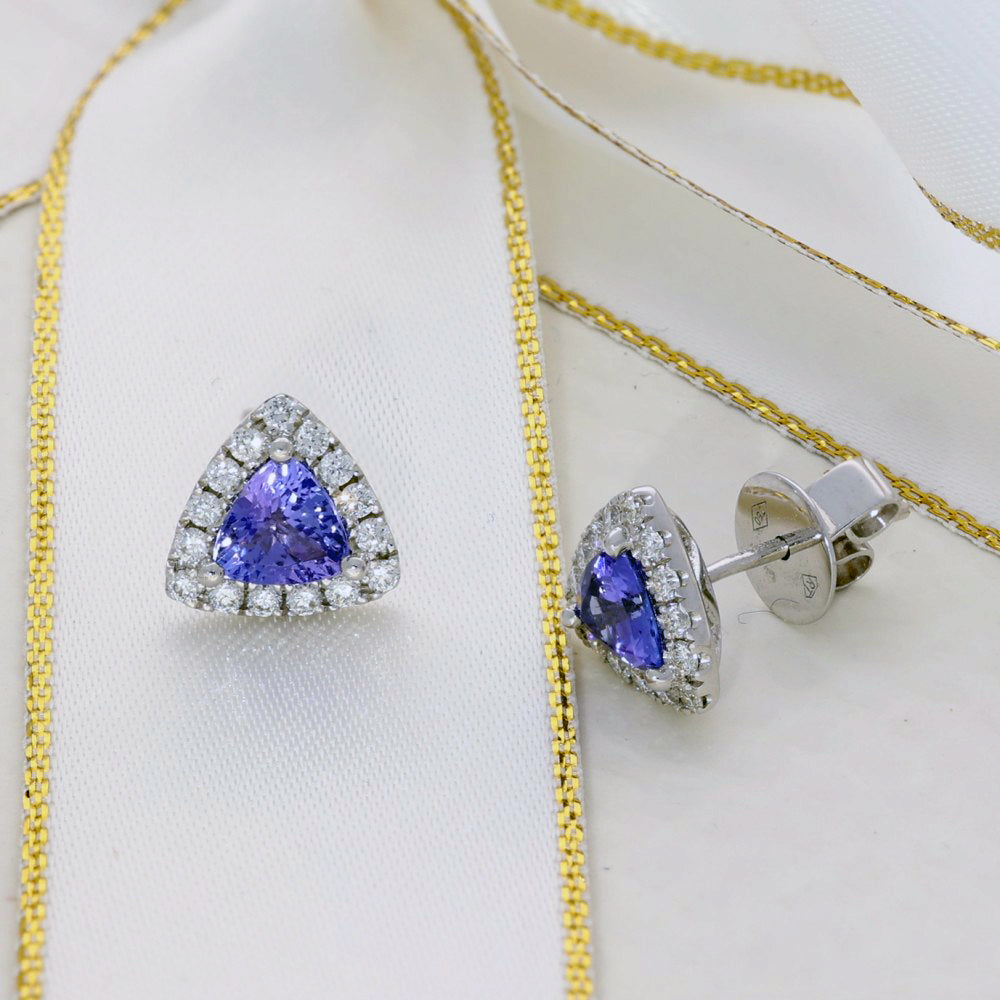18ct White Gold Tanzanite and Diamond Triangular Halo Stud Earrings