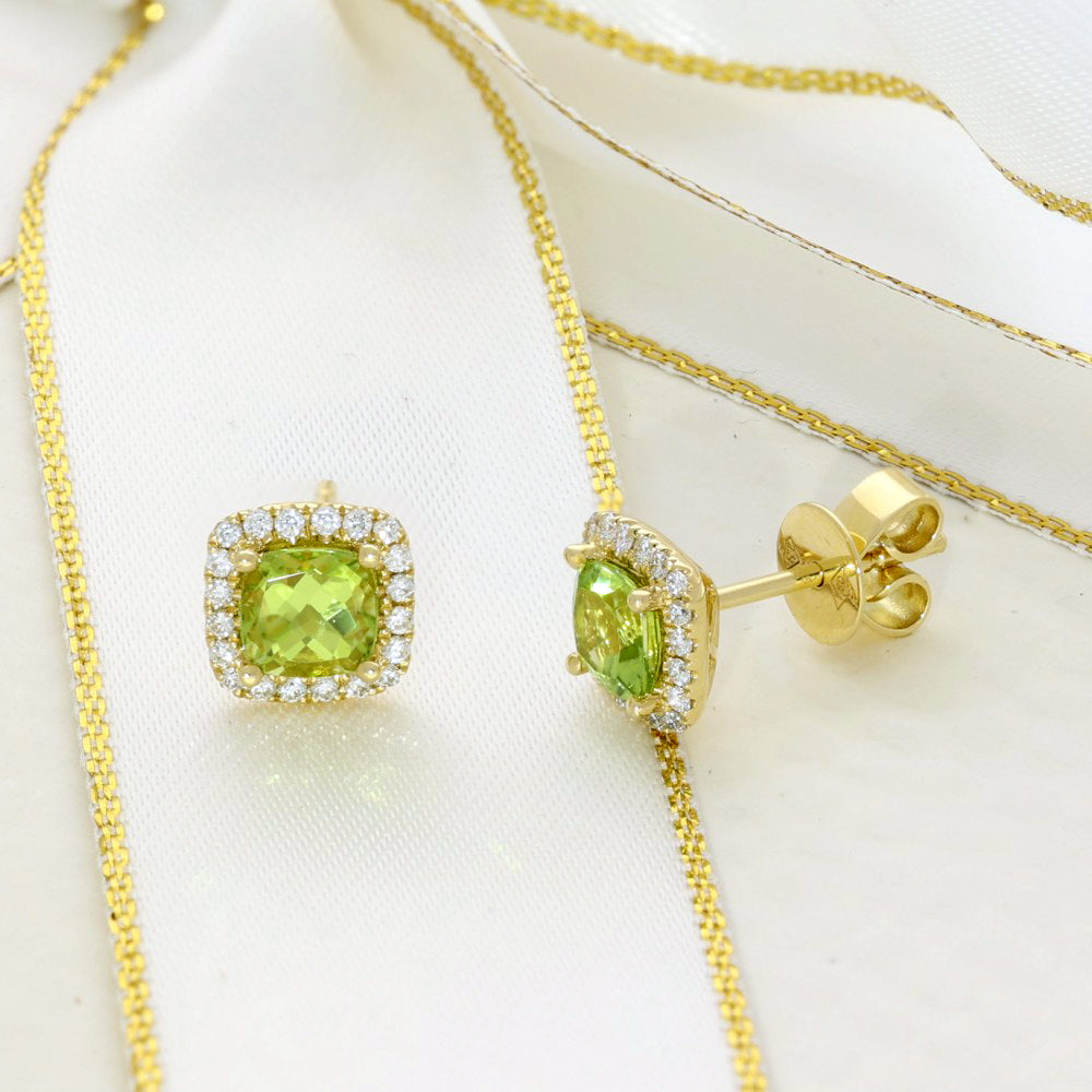 18ct Yellow Gold Cushion Peridot & Diamond Halo Cluster Studs Earrings