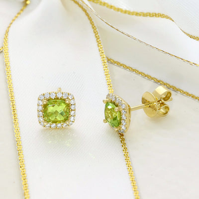 18ct Yellow Gold Cushion Peridot & Diamond Halo Cluster Studs Earrings