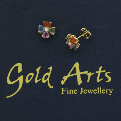 18ct Yellow Gold Rainbow Sapphire and Diamond Daisy Cluster Stud Earrings