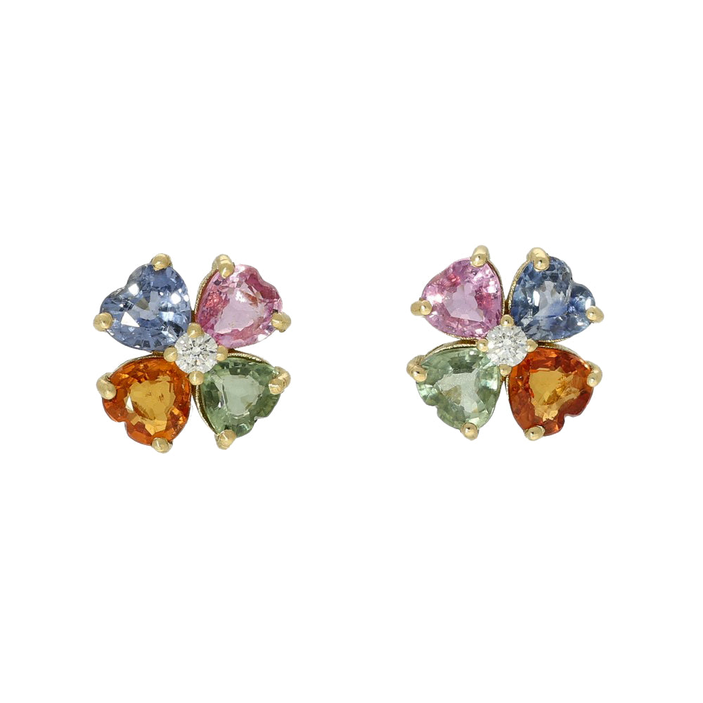 18ct Yellow Gold Rainbow Sapphire and Diamond Daisy Cluster Stud Earrings