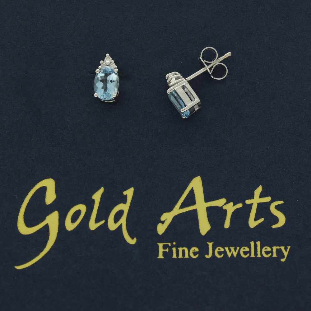18ct White Gold Oval Aquamarine & Diamond Stud Earrings