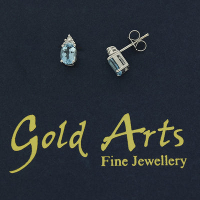 18ct White Gold Oval Aquamarine & Diamond Stud Earrings
