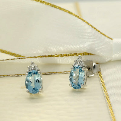 18ct White Gold Oval Aquamarine & Diamond Stud Earrings