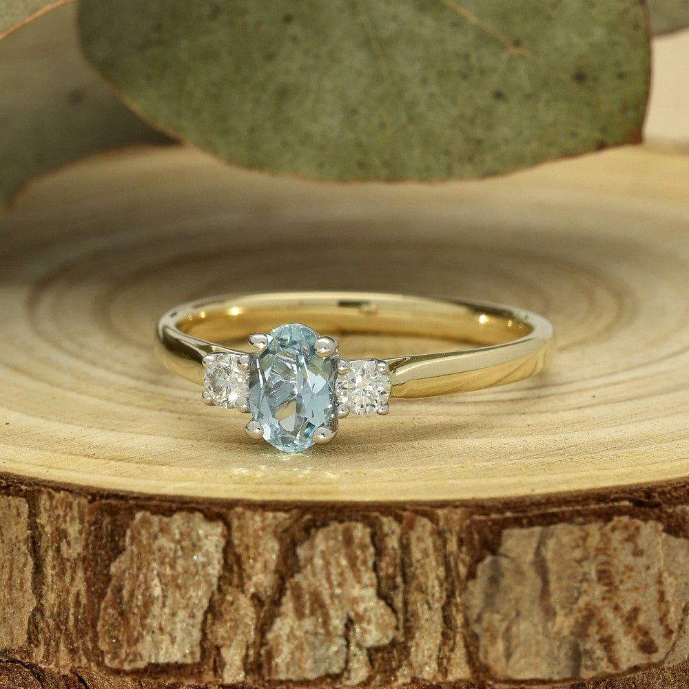 9ct Yellow Gold Aquamarine & Diamond Trilogy Ring