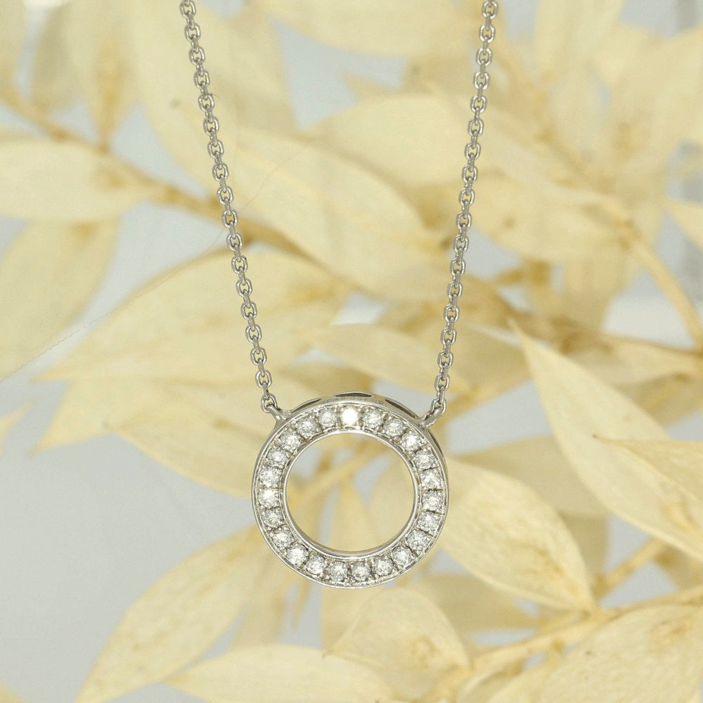 18ct White Gold Small Circle Outline Diamond Necklace