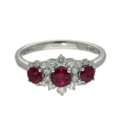 18ct White Gold Ruby & Diamond Trilogy Cluster Ring