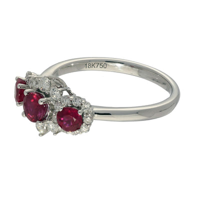 18ct White Gold Ruby & Diamond Trilogy Cluster Ring