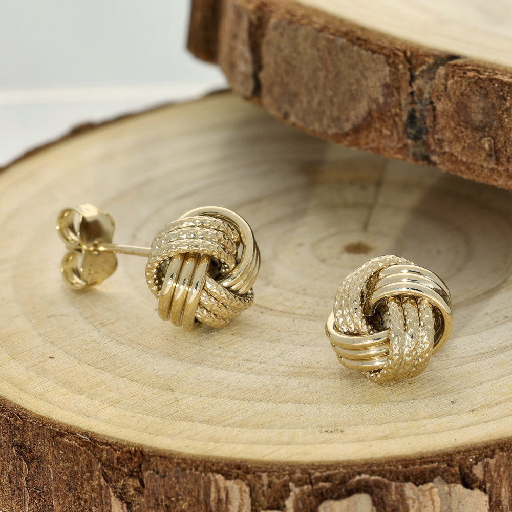 9ct Yellow Gold Polished & Textured Knot Earrings 9mm